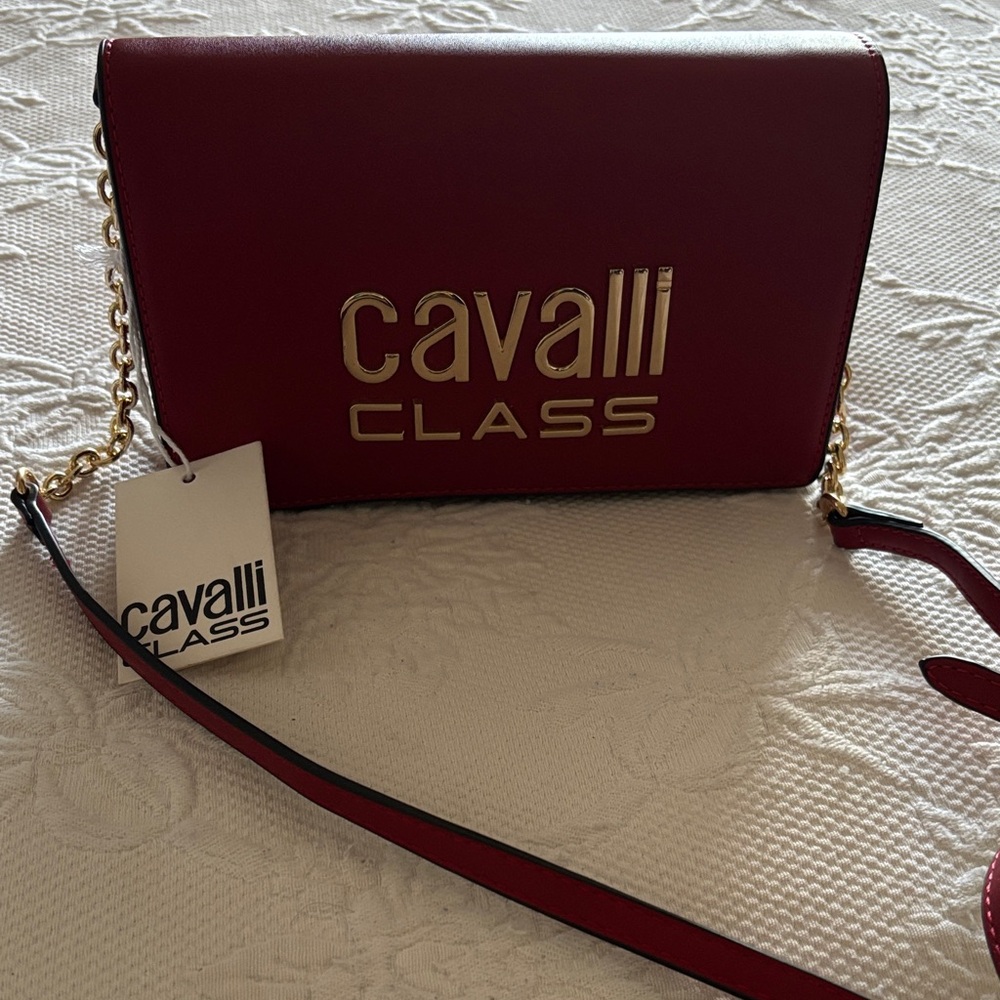 Cavalli Class Red Crossbody Bag with Gold Chain
